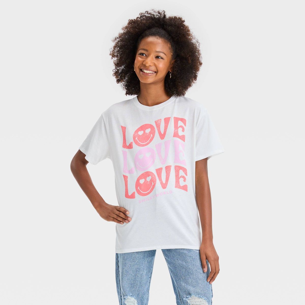 Girls' Short Sleeve Smiley 'Love' Oversized Graphic T-Shirt - art class™ White | Target
