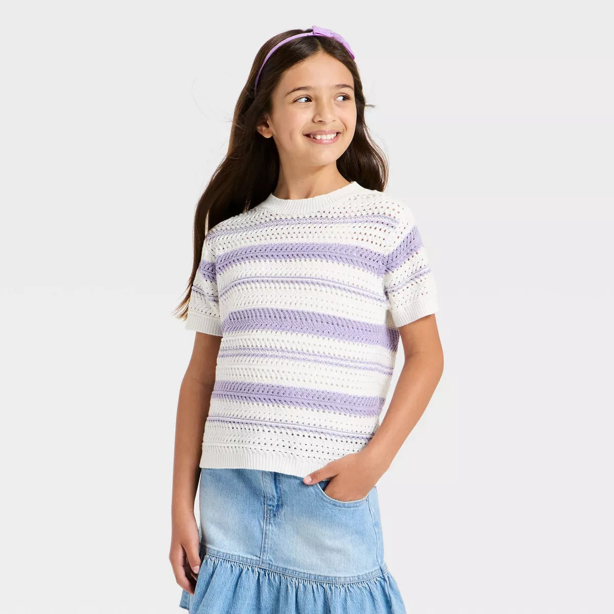 Girls' Short Sleeve Striped Openwork Pullover Sweater - Cat & Jack™ Lavender/White M | Target