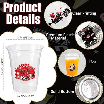 50 Pcs Movie Night Cups,12 Oz Clear Disposable Plastic Drinking Cups Theater Cinema Themed Cup fo... | Amazon (US)
