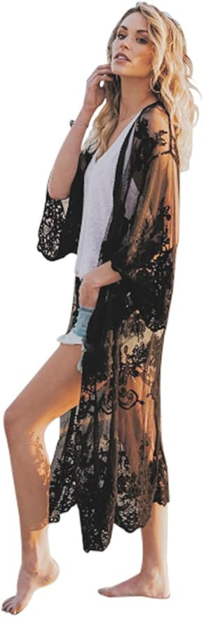 Romanstii Women's Lace Cardigan Floral Crochet Sheer Beach Cover Ups Long Kimono | Amazon (US)
