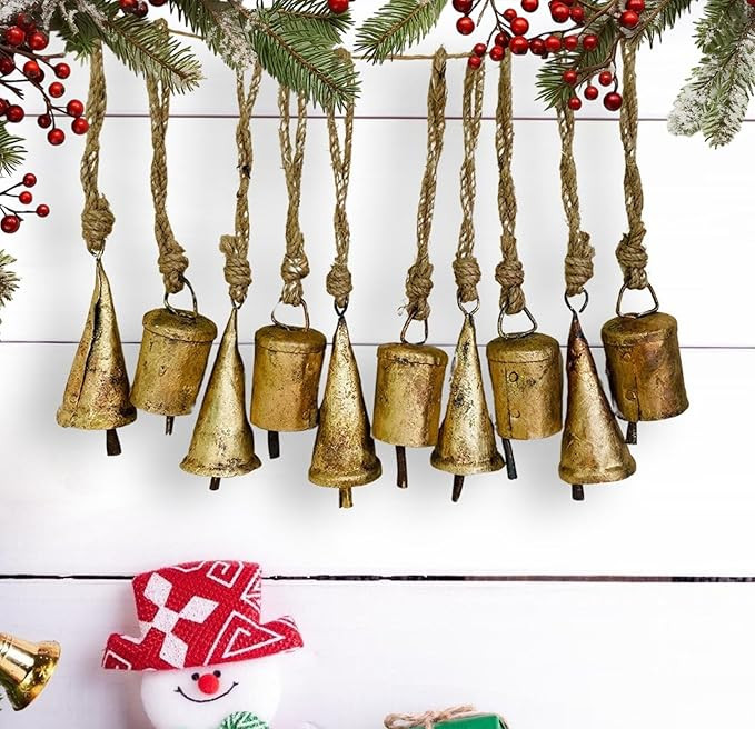 Mie Creations Set of 10 Rustic Vintage Christmas Bells, Tin Bells on Jute Rope, Decorative 2.5in ... | Amazon (US)