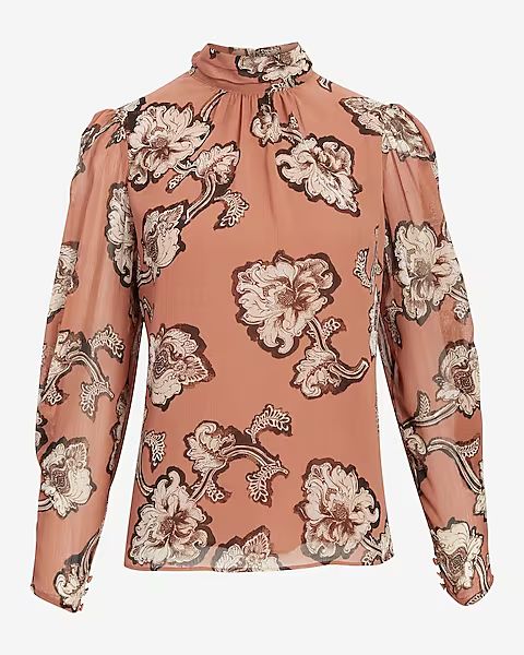 Floral Print Gathered Mock Neck Long Sleeve Open Back Top | Express