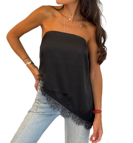 Women Satin Lace Tube Top Silky Strapless Asymmetrical Tops Y2k Off Shoulder Loose Bandeau Shirt Going Out Streetwear B-Black | Amazon (US)