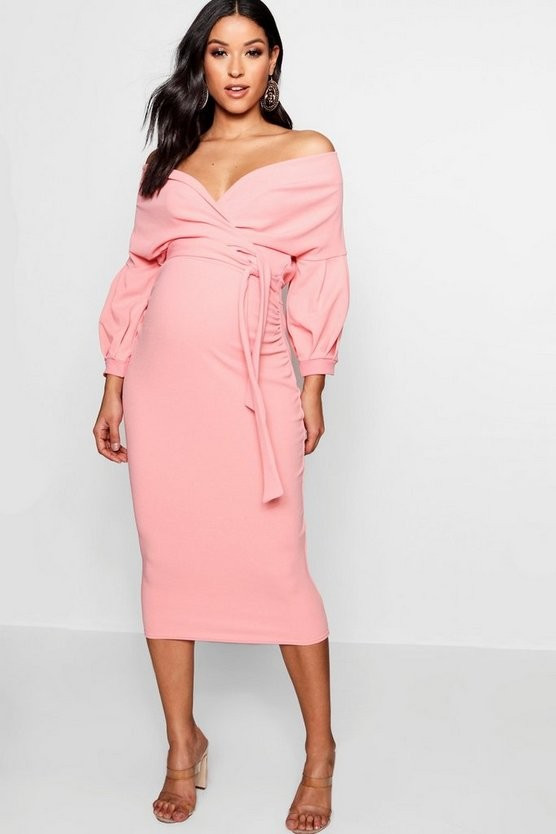 Maternity Off The Shoulder Wrap Midi Dress | Boohoo.com (US & CA)