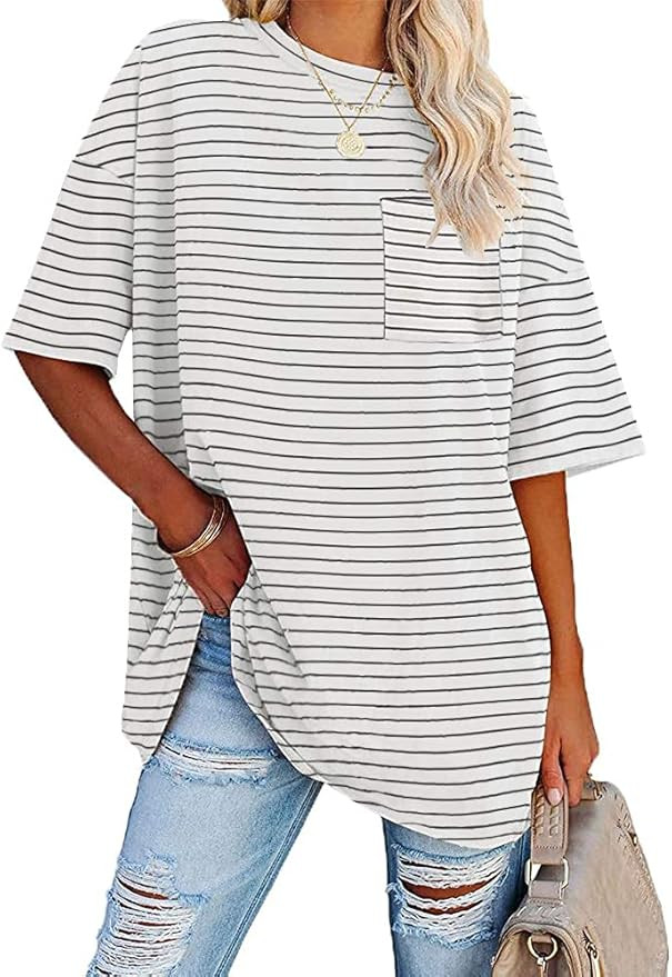 Fisoew Womens Oversized Tees Loose T Shirts Half Sleeve Crew Neck Color Block Cotton Tunic Tops | Amazon (US)