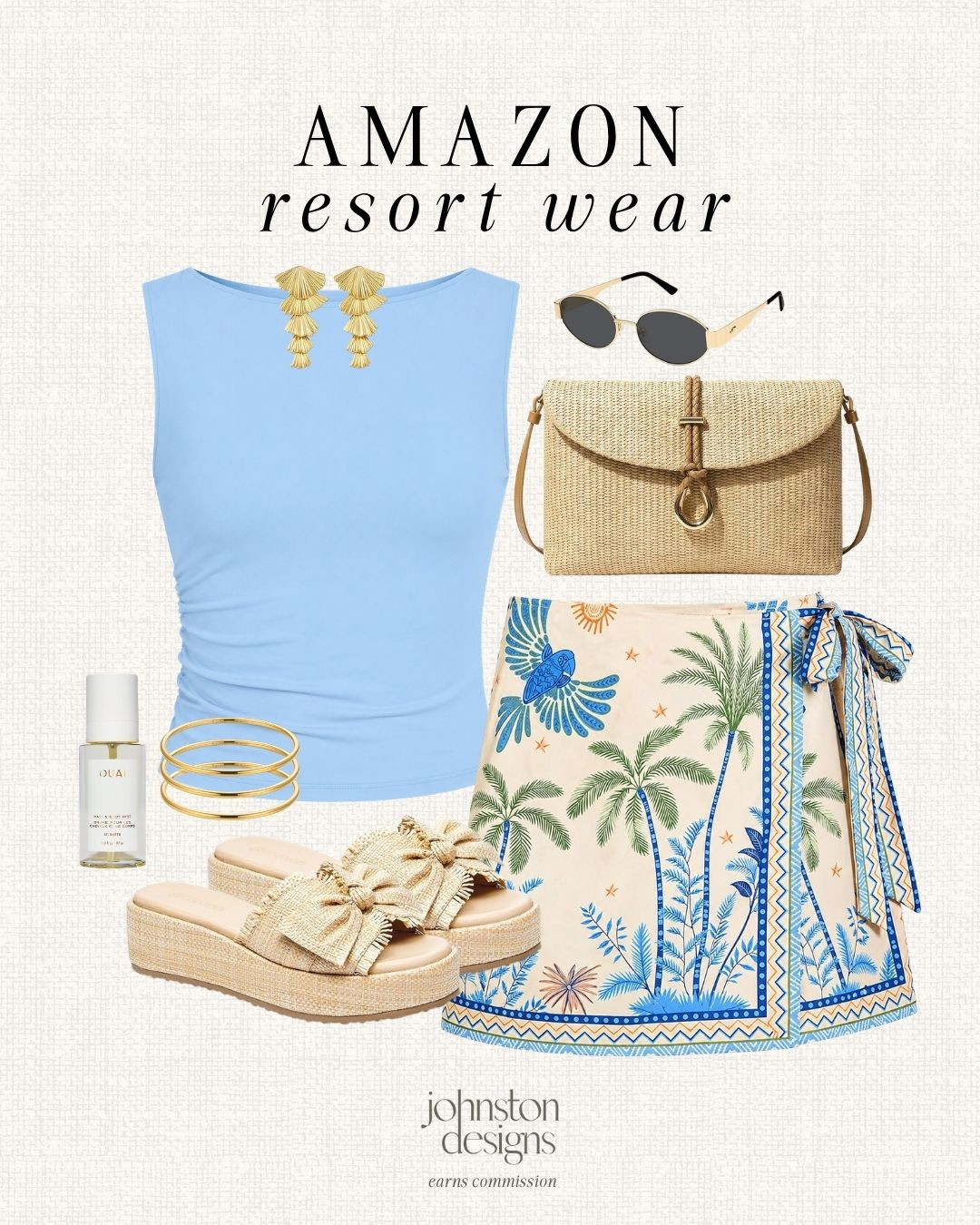 Amazon resort wear with a breezy blue top, printed wrap skirt and woven accessories for vacation. 🌴

Amazon resort wear, summer outfit, vacation style, printed skirt, blue top, straw bag, platform sandals, gold jewelry, sunglasses, beach outfit, tropical look, affordable fashion finds 

 #LTKootd #LTKTravel