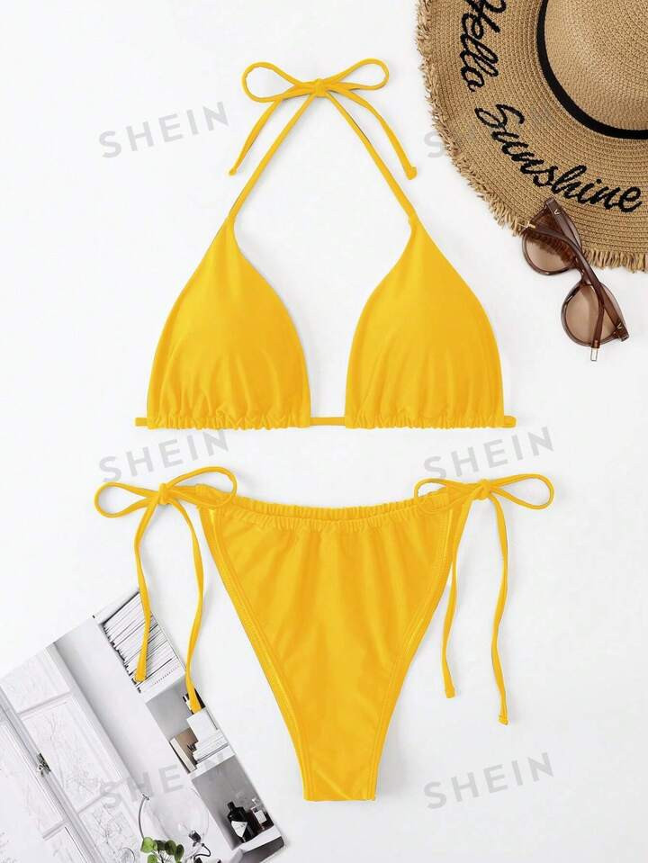 SHEIN Swim Curve Summer Beach Plus Size Halter Triangle Tie Side Bikini Set | SHEIN USA | SHEIN