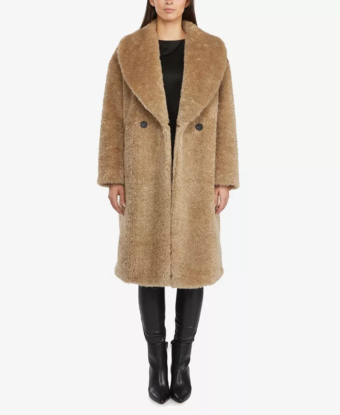 Women's Curly Faux Fur Double Breasted Shawl Collar Coat | Macys (US)