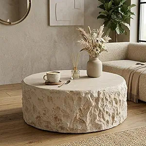 31.5'' Round Faux Stone Coffee Table, MgO Concrete Drum Center Table, Modern Minimalist Beige Cof... | Amazon (US)
