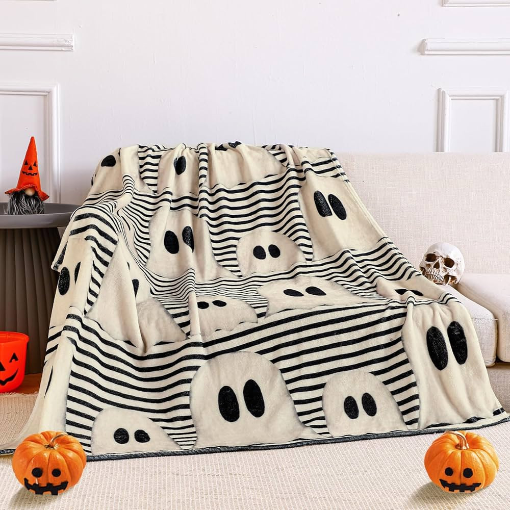 Halloween Throw Blanket Cute Rustic Ghost Flannel Blanket Farmhouse Spooky Blanket Soft Black Whi... | Amazon (US)