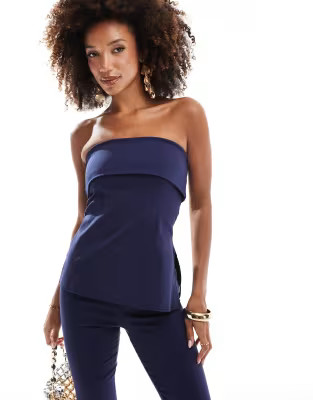 In The Style bengaline foldover bandeau longline top co-ord in navy | ASOS (Global)