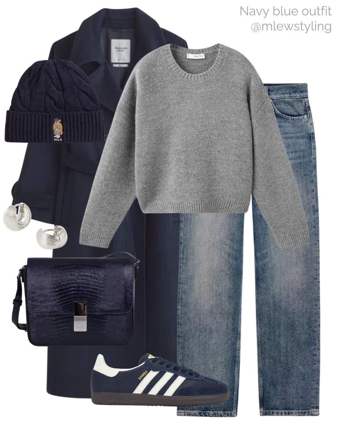 Navy blue winter outfit 💙❄️

Tags: Abercrombie wool coat, mango grey crewneck sweater, straight leg jeans, blue leather bag, ralph Lauren polo bear hat, everyday outfit 

#LTKHoliday #LTKItBag #LTKShoeCrush