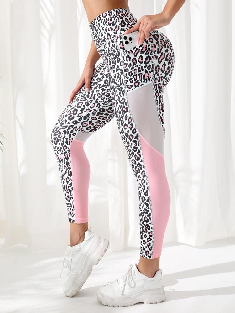 Leopard Print Contrast Color Panel Yoga Leggings Tummy Control Top-stitching M-shaped Booty Sculp... | SHEIN