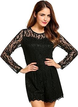 Women's Sexy Lace Overlay Long Sleeve Club Party Cocktail Jumpsuit Romper | Amazon (US)