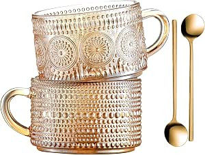 Gezzeny Vintage Coffee Mugs 14 Oz Set of 2 Amber Embossed Glass Tea Cups for Cappccino, Latte,Cer... | Amazon (US)