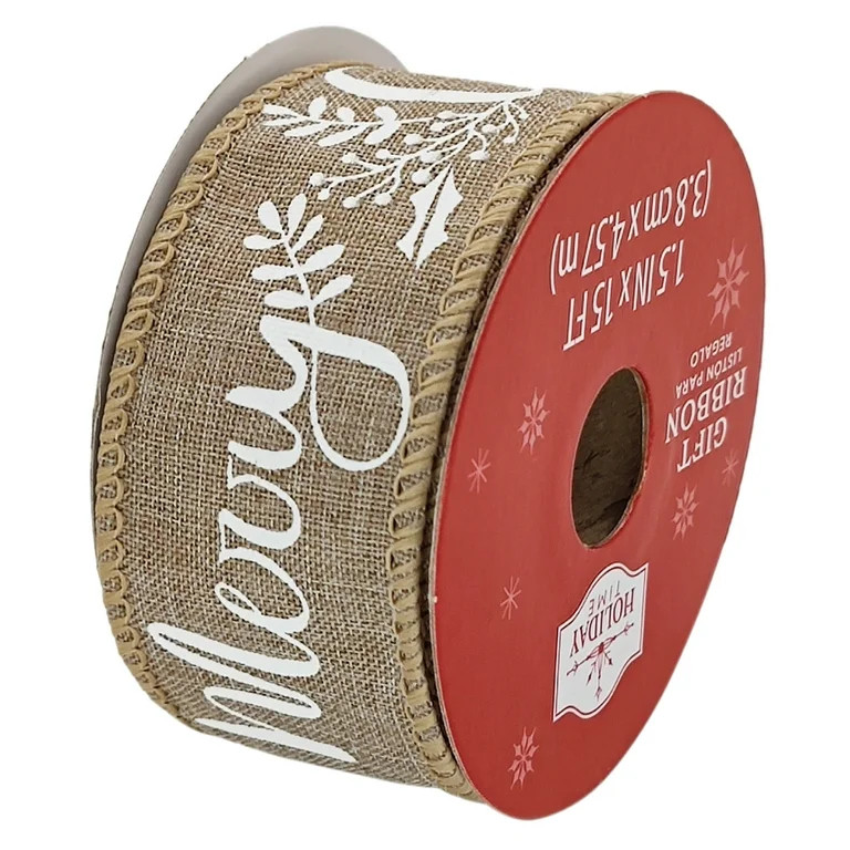 Burlap Wired Edge Fabric Merry Christmas Gift Wrap Ribbon, 1.5 in x 15 ft, by Holiday Time | Walmart (US)