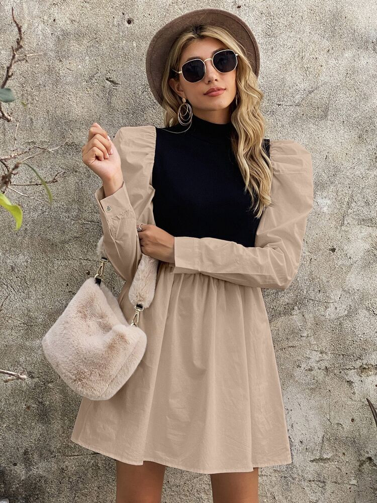 Mock Neck Gigot Sleeve Colorblock Dress | SHEIN