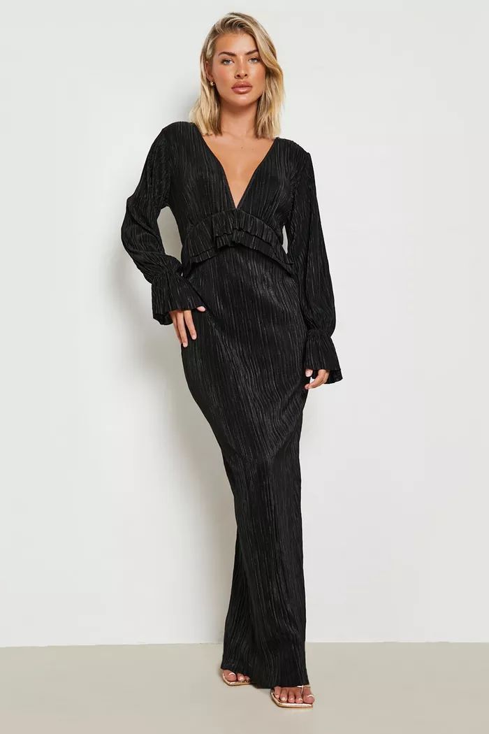 Plisse Long Sleeve Ruffle Detail Maxi Dress | Boohoo.com (US & CA)