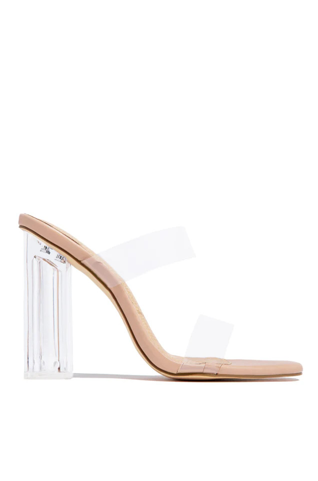Miss Lola | Your Next Date Nude Clear Strap Block Heel Mules | MISS LOLA
