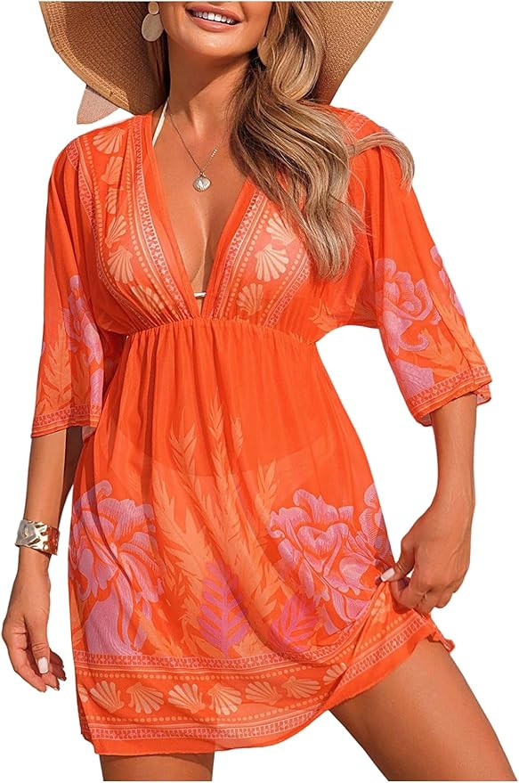 Verdusa Women's Boho Floral Graphic Beach Cover Up 3/4 Sleeve Sheer Dress Vacation Outfits       ... | Amazon (US)