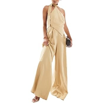 Wuitrie 2 Piece Sets for Women Going Out Tie Up Backless Halter Tops Wide Leg High Waisted Pants ... | Amazon (US)