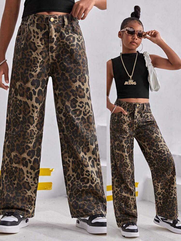 SHEIN Streecool Kids Tween Girl Y2K  Leopard Print Straight Jeans | SHEIN