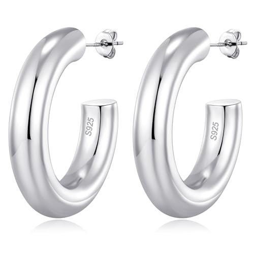 Silver Chunky Hoops Sterling Silver Thick Silver Hoop Earrings For Women Small Medium Silver Chunky Hoop Earrings C Shape Thick Open Hoops Chunky Silver Hoops | Amazon (US)