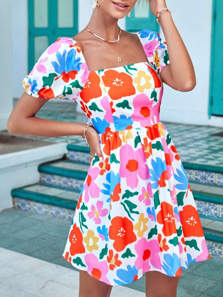 New
     
      SHEIN VCAY Floral Print Square Neck Puff Sleeve Dress | SHEIN