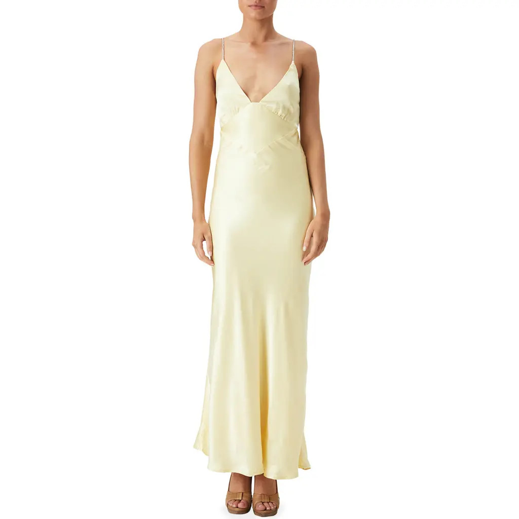 Bardot Capri Diamanté Strap Satin Slip Dress in Canary Yellow at Nordstrom, Size 4 | Nordstrom