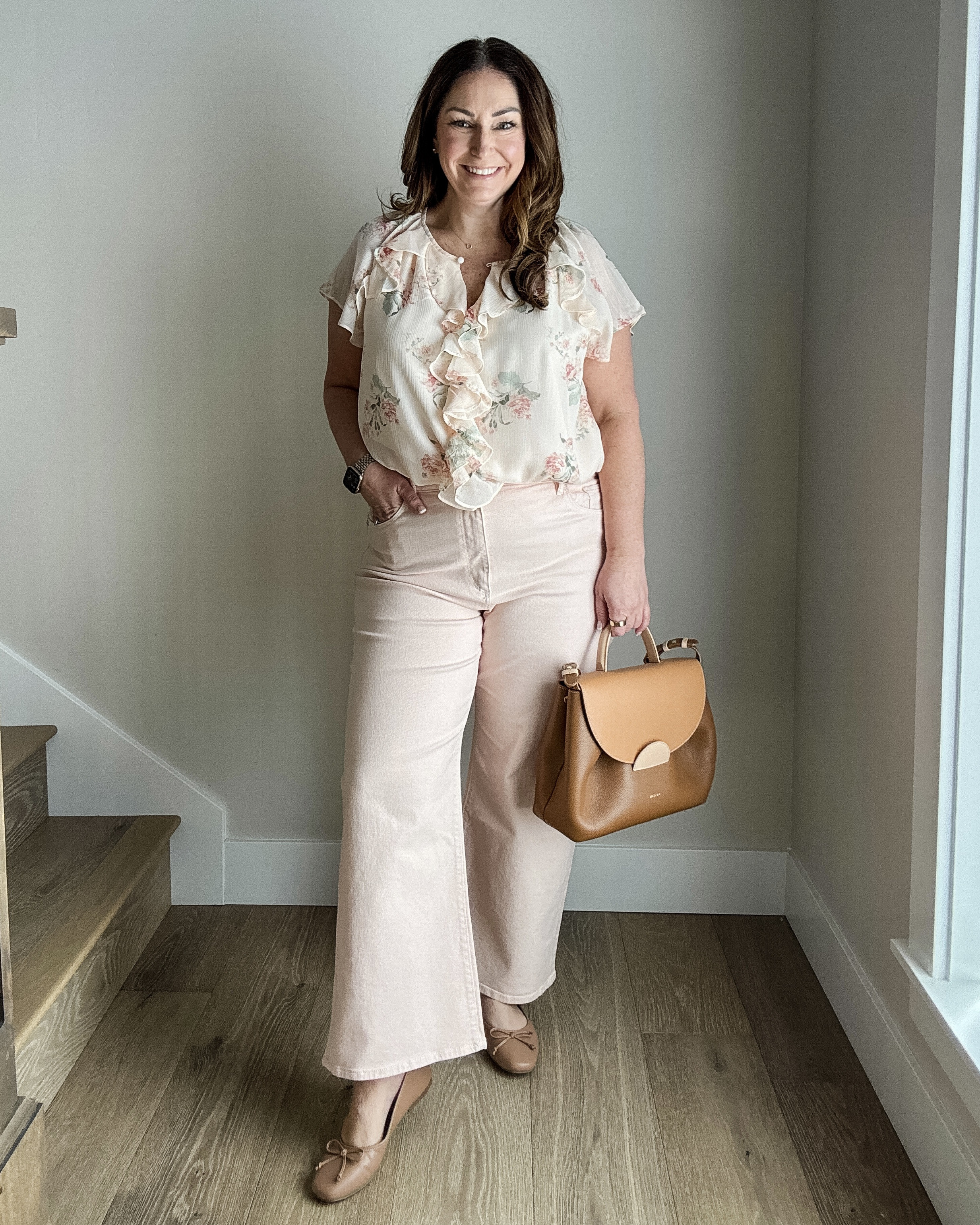 Spring Floral Workwear or Weekend Outfit Pink Jeans and Ruffle Blouse  #loftsytle #summeroutfit #springworkwear //
Blouse runs large, size down if in betweem wearing L and Jeans tts, 32 

 

#LTKSeasonal #LTKMidsize #LTKWorkwear