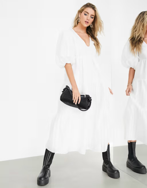 ASOS EDITION tiered midi smock dress in textured stripe | ASOS (Global)