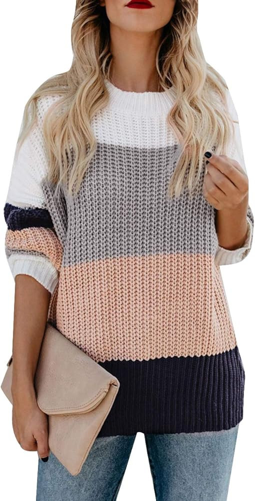 MEROKEETY Women's Crew Neck Long Sleeve Color Block Knit Sweater Casual Pullover Jumper Tops | Amazon (US)