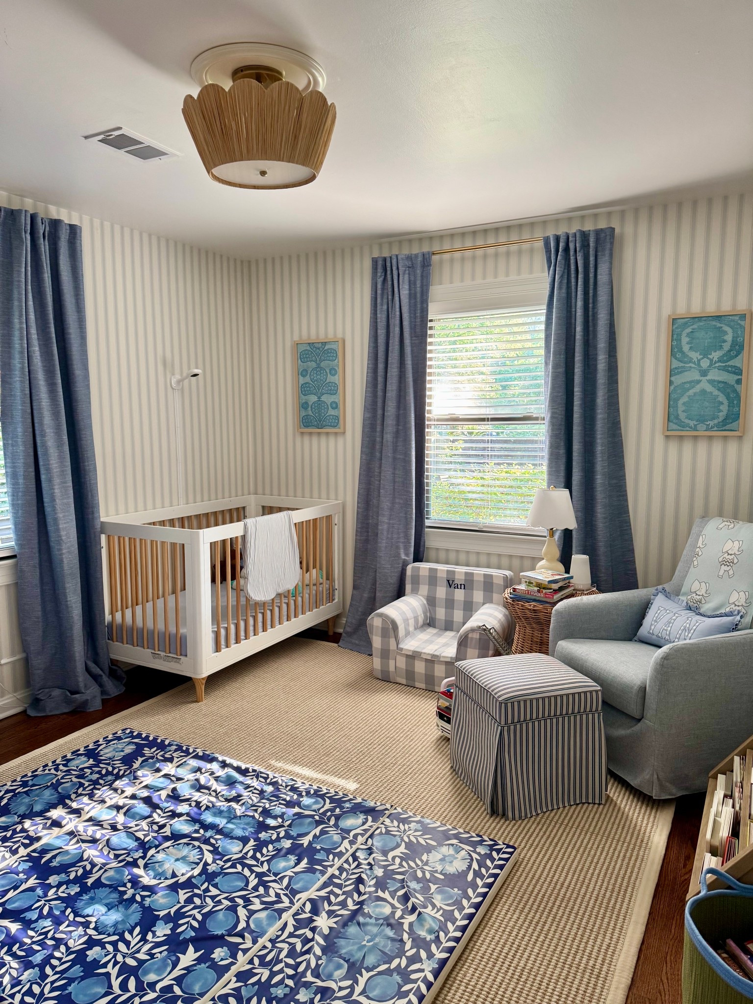 Toddler room inspo. Toddler room. Little boys room. Blue and white. Big boy room. Wallpaper. Baby boy nursery inspo. Nursery mood board. Nursery. Baby boy nursery. Storage baskets. High low nursery finds baby boy room. Crib. Glider. Blue and white stripe wallpaper. LTKhome. LTKbaby. LTKkids 

#LTKBaby #LTKKids #LTKHome