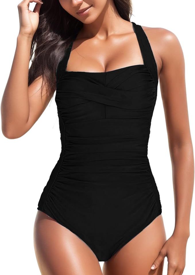 One Piece Swimsuit Women Retro Print Bathing Suit Slim Fit Tummy Control Swimsuits Sexy Push Up S... | Amazon (US)