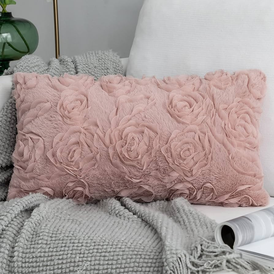 Foindtower 1 Piece Decorative Soft Fur Oblong Throw Pillow Covers Fluffy Cute Chiffon Embroidered... | Amazon (US)