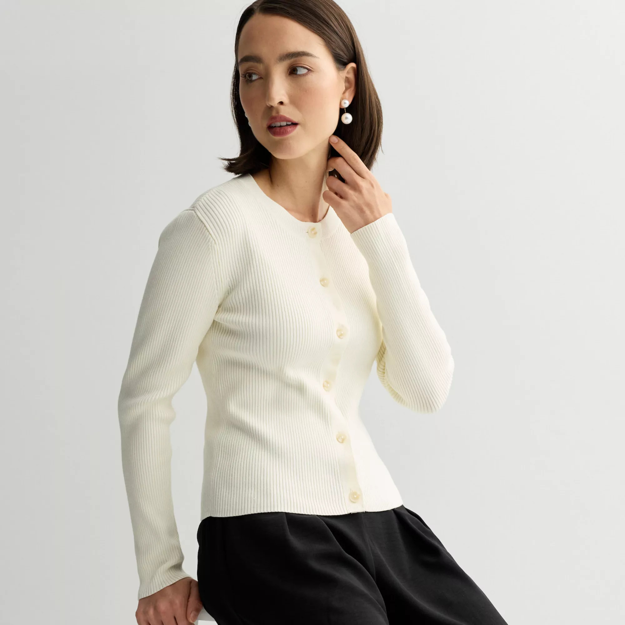 Women's Nine West Fitted Rib Crew Neck Sculpt Cardigan | Kohl's