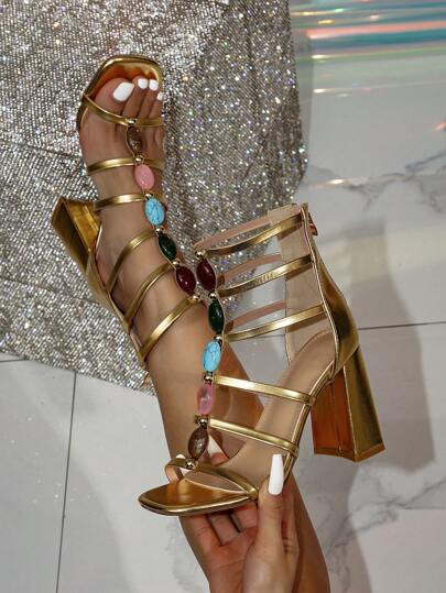 Women's Fashionable Vintage Gold Straps High Heeled Sandals, Colorful Buckle Detail Square Toe Ro... | SHEIN