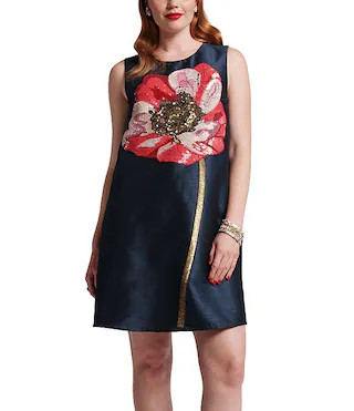 FRANCES VALENTINE Alice Sequin Paradise Poppy Embroidered Dupion Scoop Neck Sleeveless Shift Dres... | Dillard's