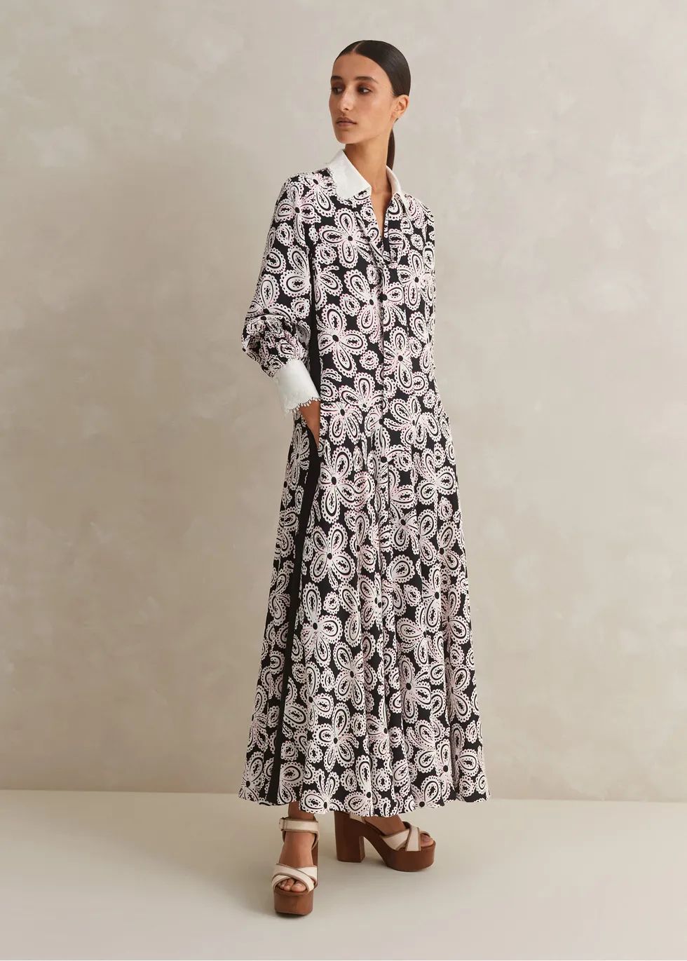Lace Flower Print Color Block Shirt Midi Dress + Belt | ME+EM US