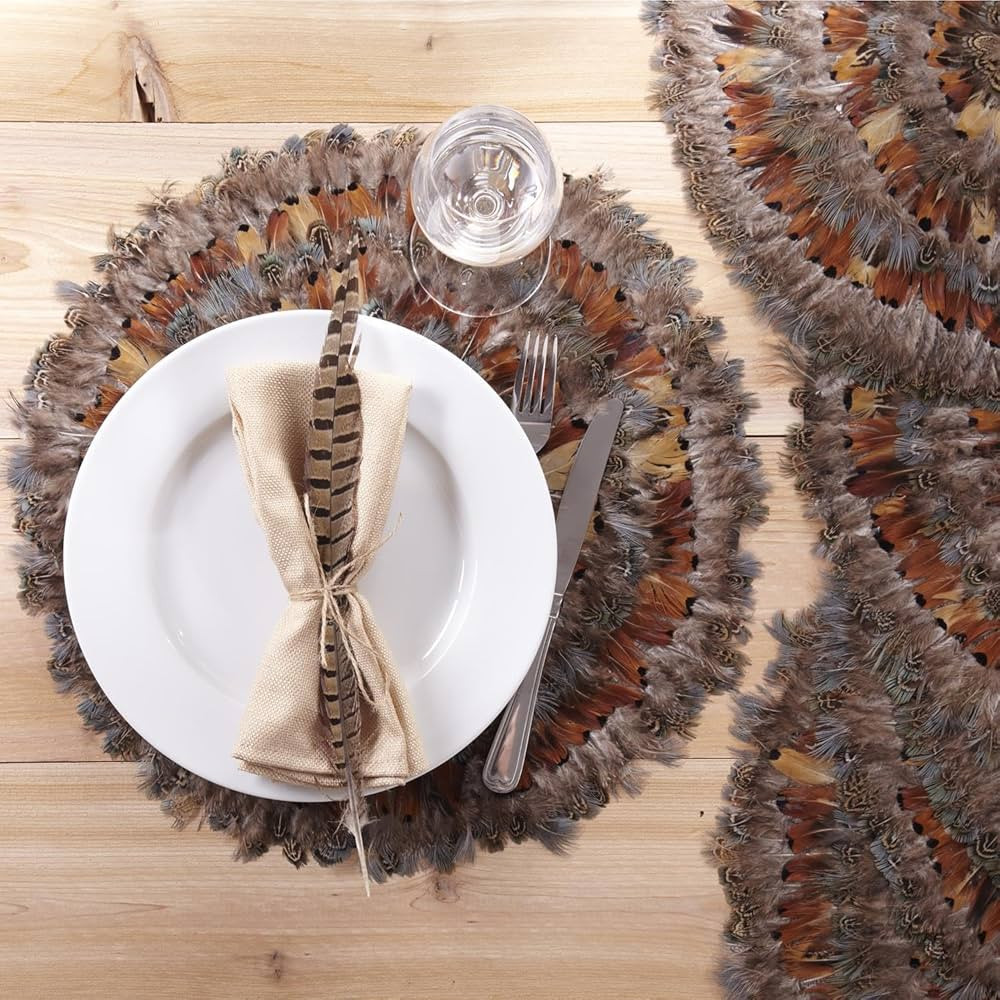 Two's Company Pheasant Park Set of 6 Round Decorative Mats - Pheasant Feathers | Amazon (US)