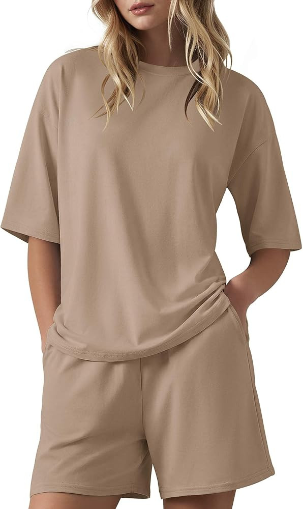 Ekouaer Women's Two Piece Lounge Set Oversized Boxy T-shirt Casual Short Sets Summer Travel Match... | Amazon (US)