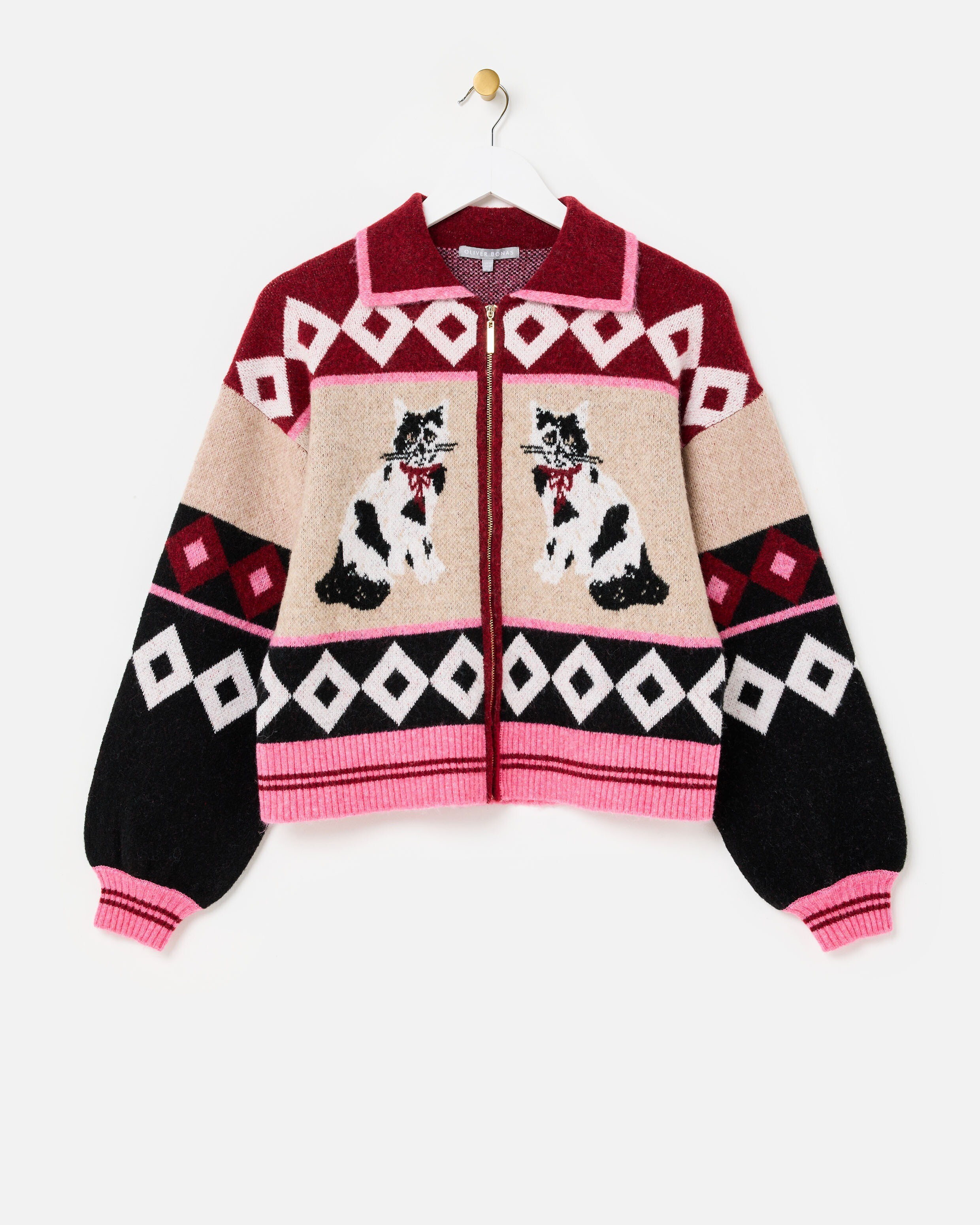 Burgundy & Cream Cat Collared Knitted Bomber Jacket | Oliver Bonas | Oliver Bonas (Global)