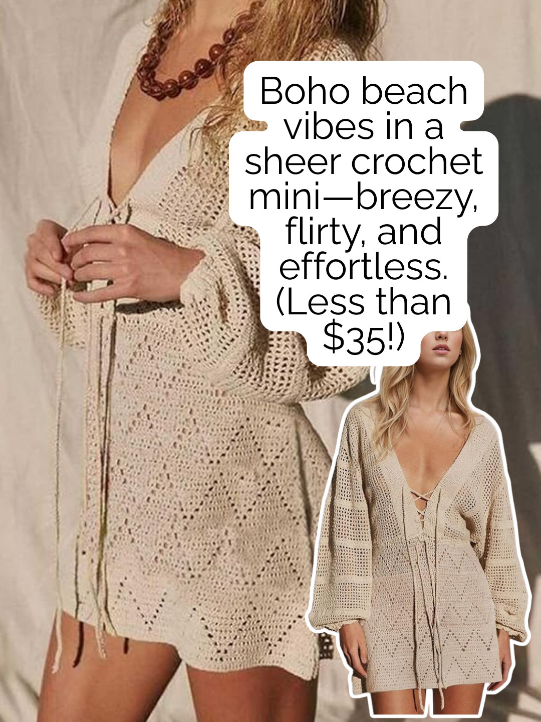 Boho beach vibes achieved! This sheer crochet mini is breezy, flirty, and effortlessly chic—all for less than $35. It’s the ultimate "throw on and go" look for your next seaside getaway. 

#BohoBeach #CrochetMini #SummerVibes #BeachCoverUp #AffordableFashion #VacationStyle #BohoChic #SummerOOTD #BeachLuxe 

 #LTKootd #LTKBeauty