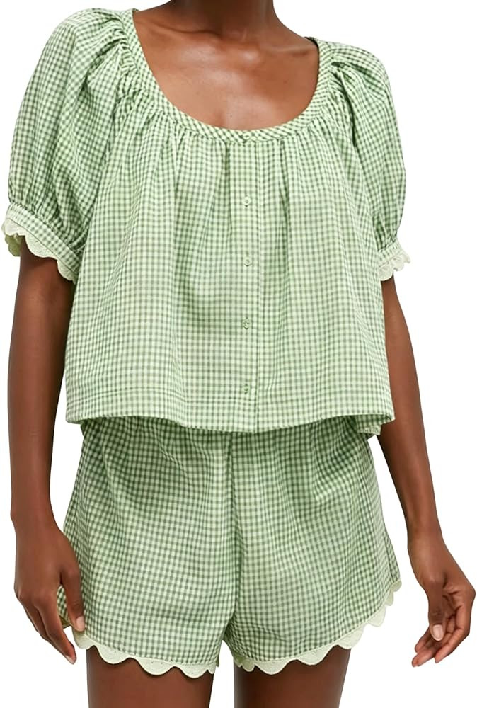 VAOYIU Two Piece Sets for Women Casual Summer Gingham Outfit Puff Sleeve Crew Neck Top Matching S... | Amazon (US)