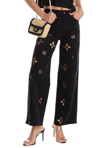 Famnbro Women Pearl Jeans Y2K High Waisted Floral Sparkly Baggy Straight Leg Bling Glitter Ripped Denim Pants Black | Amazon (US)