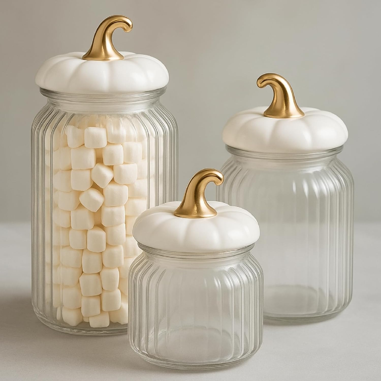 3 Set Pumpkin Glass Jar with Pumpkin Airtight Ceramic Lid 44 oz 33 oz 22oz Fall Clear Candy Jar Food Storage Canister for Thanksgiving Party Tea Cookie Table Decoration (White and Gold,Autumn) | Amazon (US)