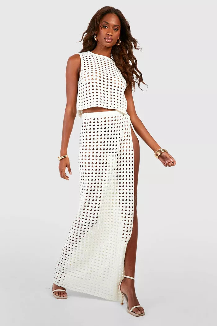 Thigh Split Crochet Maxi Skirt | Swimsuit Cover Up | Beach Cover Up | Beach Club Outfit #LTKswim  | Boohoo.com (US & CA)