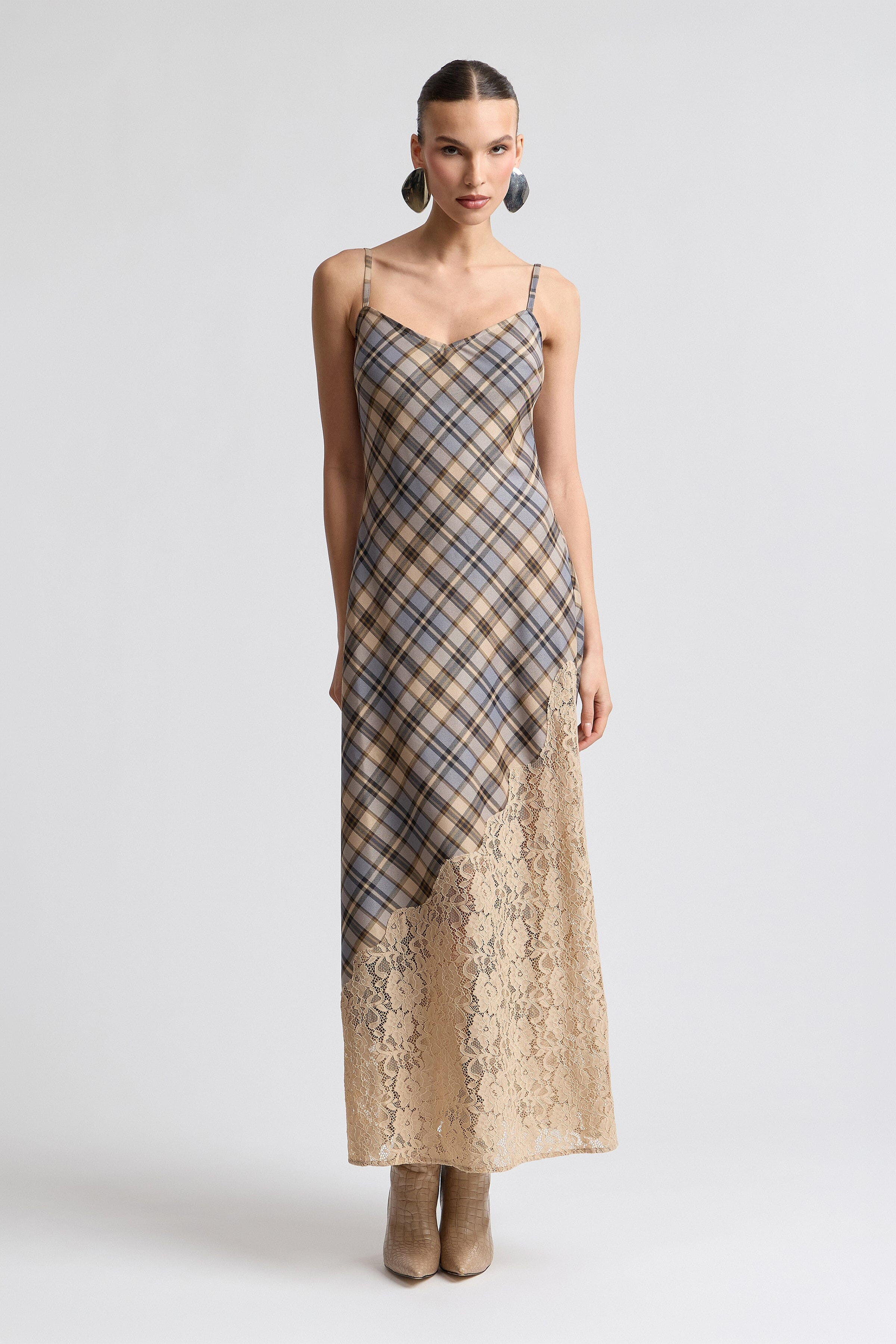 Lace Inset Plaid Bias Maxi Dress | Avec Les Filles