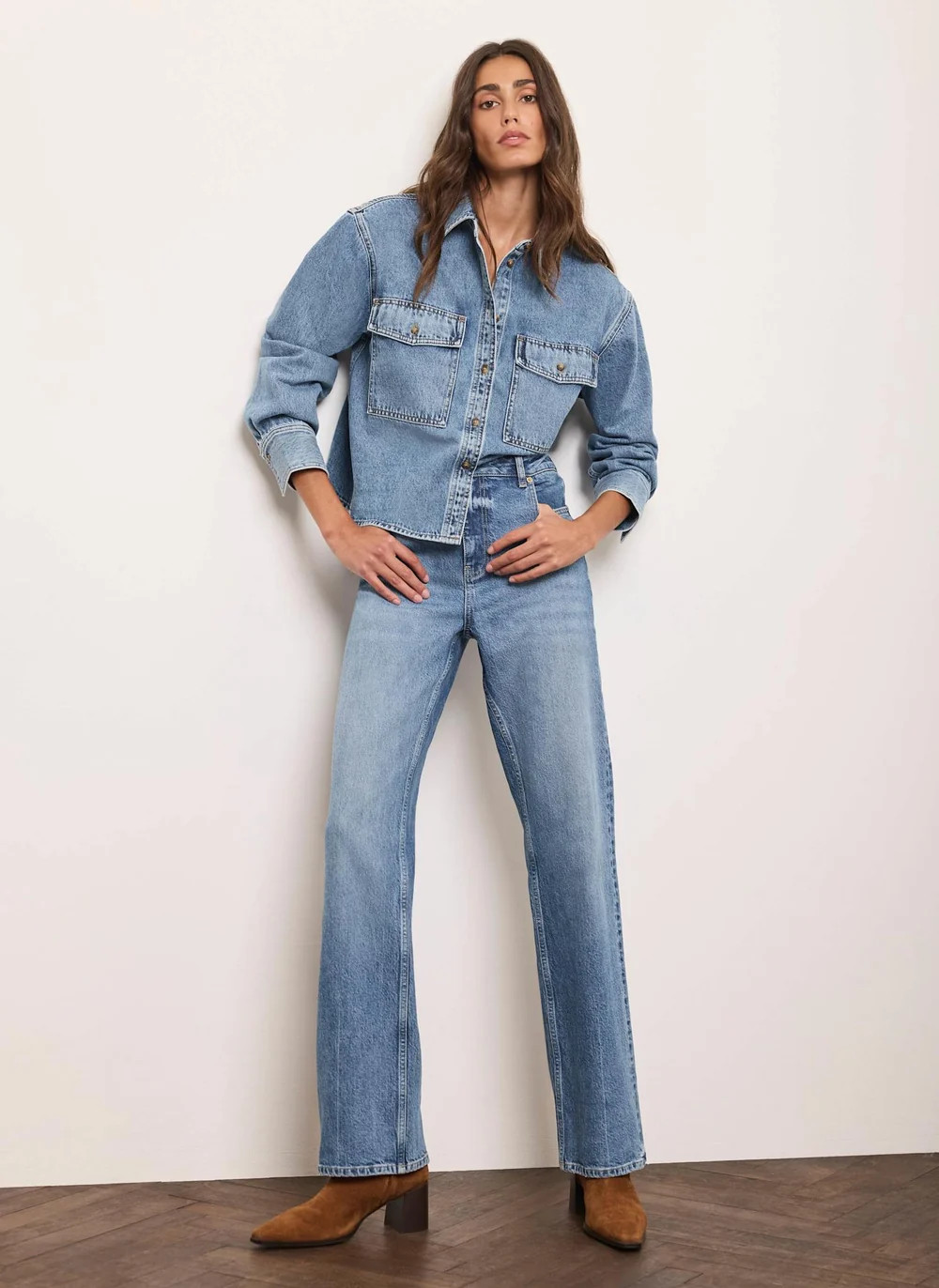 Mid Indigo Cropped Denim Shirt | Mint Velvet - UK