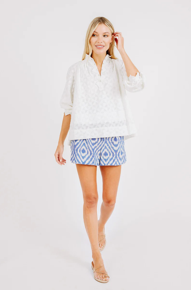 MIRTH women's wide leg elastic waist track shorts in azure ikat blue cotton | MIRTH